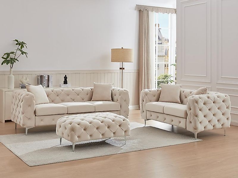 Chesterfield-Sofa 3-Sitzer, 2-Sitzer & Chesterfield-Hocker - Samt - Beige - günstig online kaufen