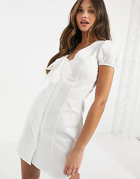 Lasula – Weißes Minikleid mit Puffärmeln und Oversize-Schleife günstig online kaufen