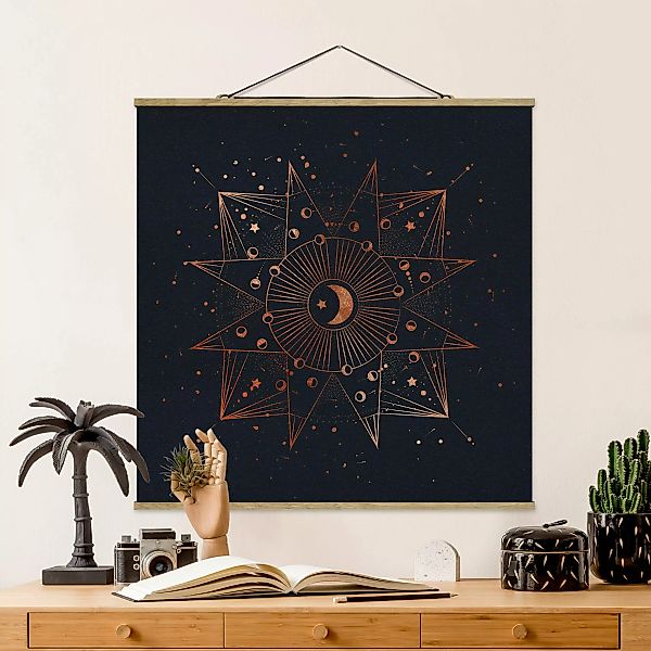 Stoffbild Karten mit Posterleisten - Quadrat Astrologie Mond Magie Blau Gol günstig online kaufen