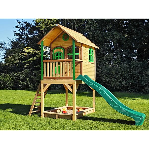 Axi Sarah Spielhaus Braun - Weiß mit Blauer Rutsche 191 x 370 x 291 cm günstig online kaufen