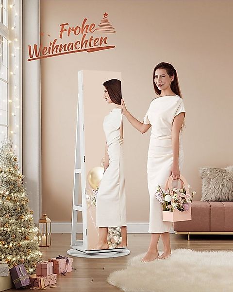 SONGMICS Schmuckschrank mit LED und Spiegel, 3 Ablagen, 360° drehbar, weiß günstig online kaufen