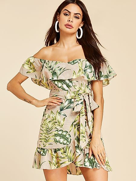 YOINS Khaki Off-the-Shoulder-Overlay-Blumendruck Kleid günstig online kaufen