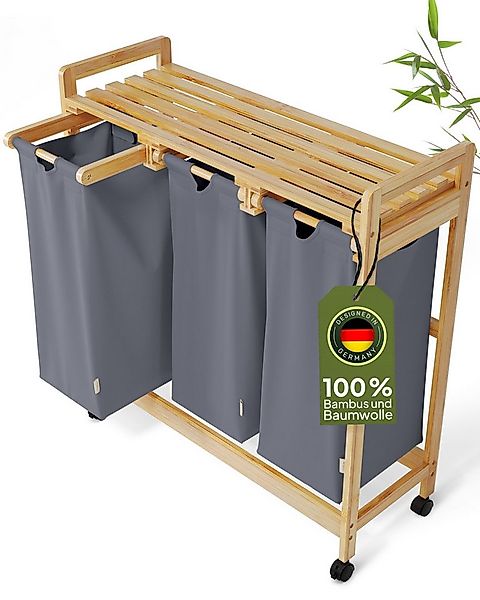 AMBIAVO Wäschekorb 3 Fächer aus Bambus und Baumwolle, mit Ablage günstig online kaufen