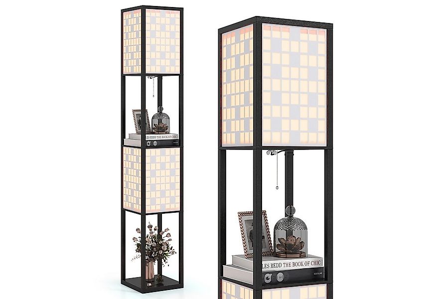 COSTWAY Stehlampe, 156cm Holzregal, Fußschalter, Würfel Muster-Lampenschirm günstig online kaufen