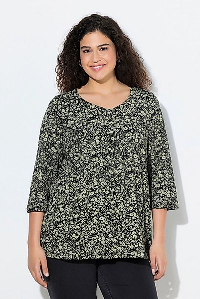 Ulla Popken T-Shirt Shirt Blüten Zierfalten A-Linie V-Ausschnitt günstig online kaufen