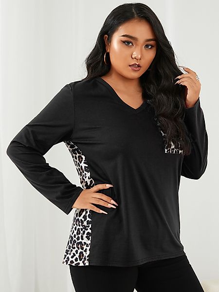 Plus Size V-Ausschnitt Patchwork Leopard Langarm T-Shirt günstig online kaufen