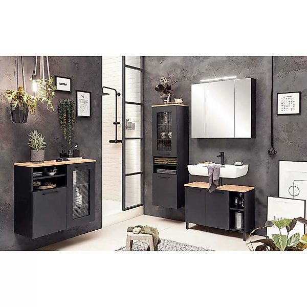 Badezimmer Set 4-teilig mit Spiegelschrank schwarz matt mit Eiche MASON-80, günstig online kaufen