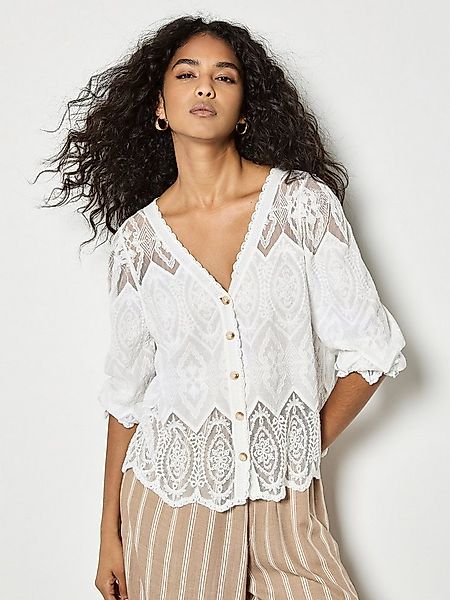 Apricot Spitzenbluse Blusenhemd mit floraler Spitze Stickerei günstig online kaufen