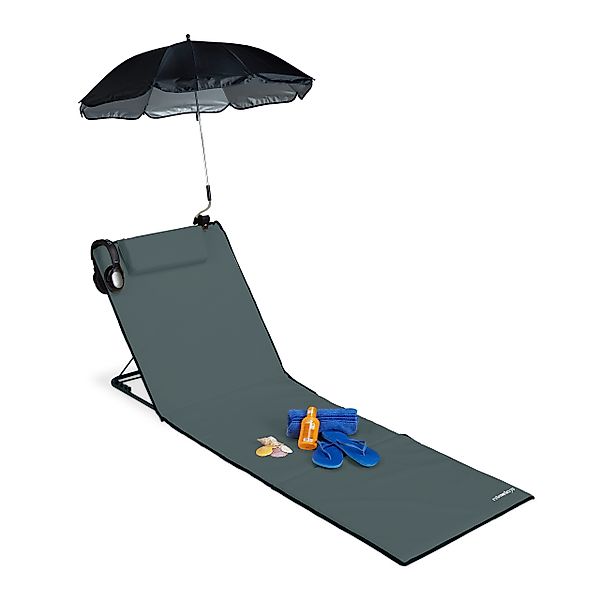 relaxdays Gartenliege Strandmatte mit Sonnenschirm, Anthrazit günstig online kaufen