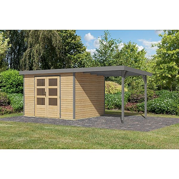 Karibu Gartenhaus Ernesto 5 A m. Anbaudach Natur/Grau 209 x 298 x 242 cm günstig online kaufen