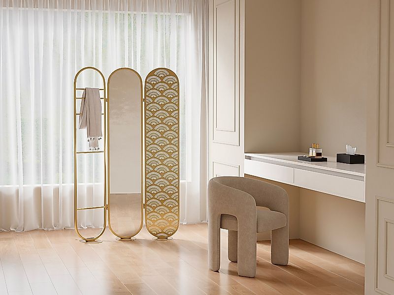 Spiegelparavent Art-Déco - Metall - 3-teilig - 117 x 175 cm - Goldfarben - günstig online kaufen