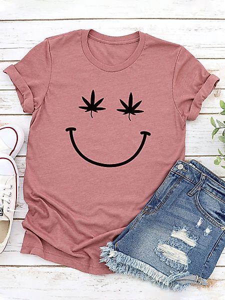Smile Printed Kurzarm T-Shirt mit O-Ausschnitt für Damen günstig online kaufen