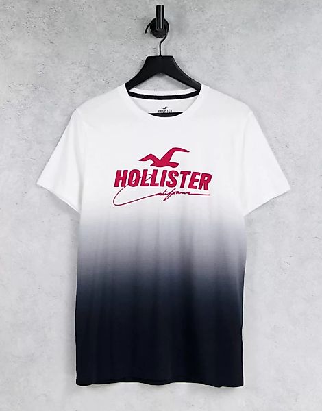 Hollister – T-Shirt mit Farbverlauf-Design von Schwarz nach Weiß und Logo v günstig online kaufen