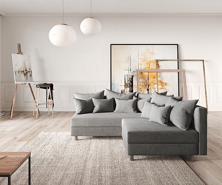 Ecksofa Clovis Grau Flachgewebe Ottomane Links Modulsofa günstig online kaufen