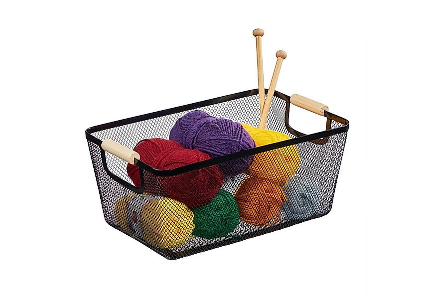 relaxdays Aufbewahrungskorb Drahtkorb mit Holzgriffen, schwarz günstig online kaufen