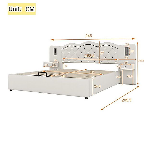 Flieks Polsterbett, Hydraulisches Doppelbett 180x200cm mit Nachttischlampen günstig online kaufen