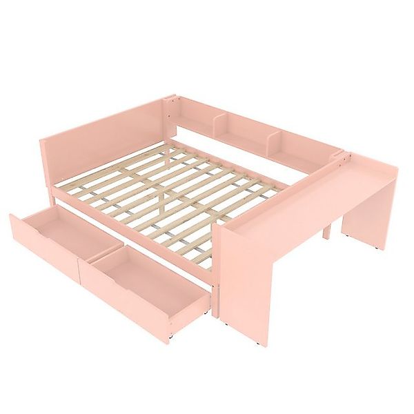 Rutaqian Bett Flachbett Holzbett mit Schreibtisch & Stauraum-Regale - Ohne günstig online kaufen