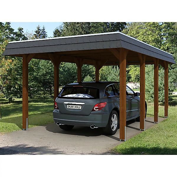 Skan Holz Carport Spreewald 345 cm x 589 cm EPDM Dach schwarze Blende Nussb günstig online kaufen
