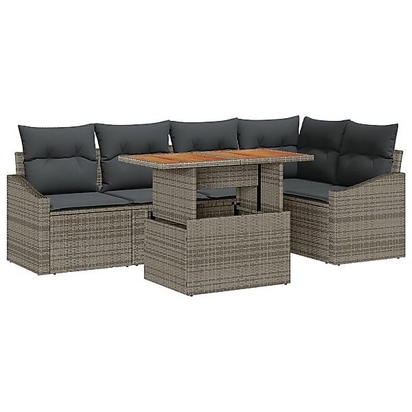 vidaXL Loungesofa 6-teiliges Garten Essset mit Kissen Grau Poly Rattan, 6 T günstig online kaufen