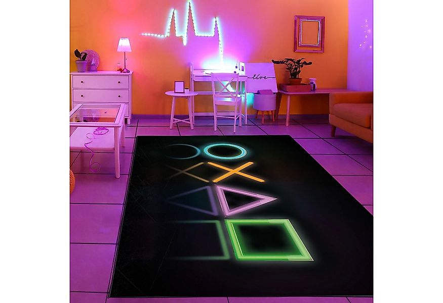 TeppichHome24 Kinderteppich Gamingteppich rutschfest mit Neonfarbenen Symbo günstig online kaufen