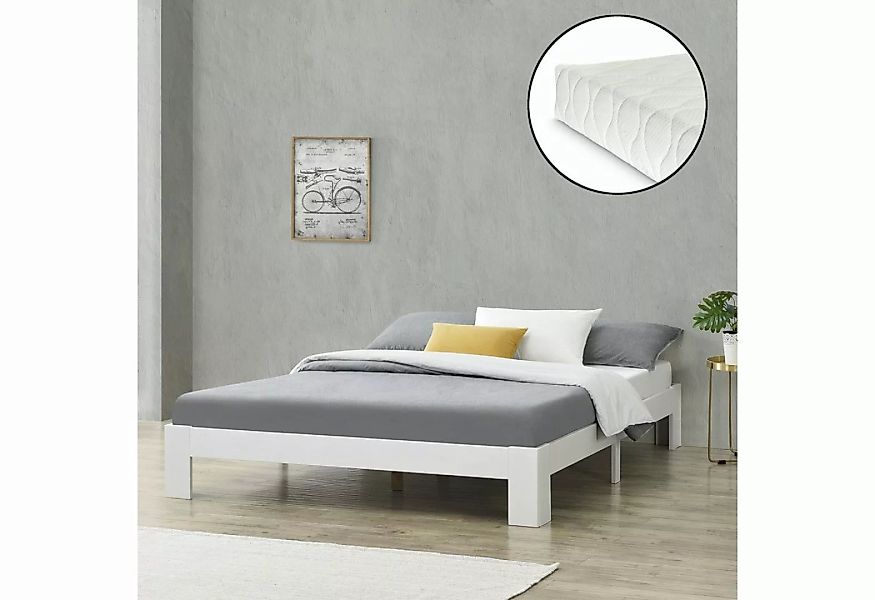 en.casa Holzbett, Raisio Doppelbett mit Matratze 160x200cm Weiß günstig online kaufen