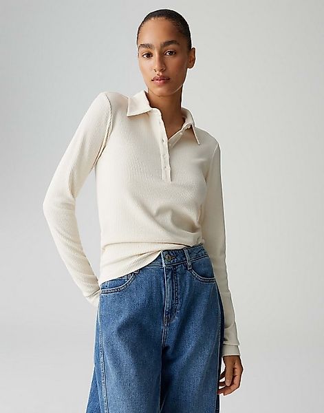 OPUS Langarm-Poloshirt SULONA Slim mit Rippenstruktur schmale Passform, wei günstig online kaufen