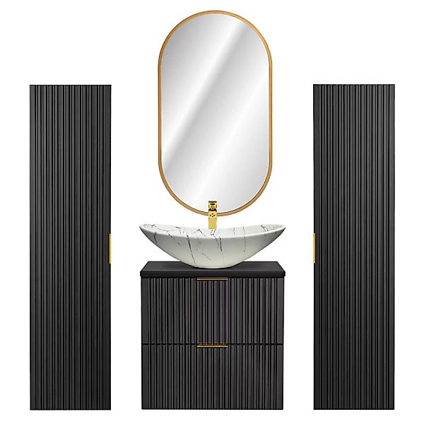 Badmöbel Komplett Set mit marmoriertem Waschbecken, matt schwarz gerillt, A günstig online kaufen