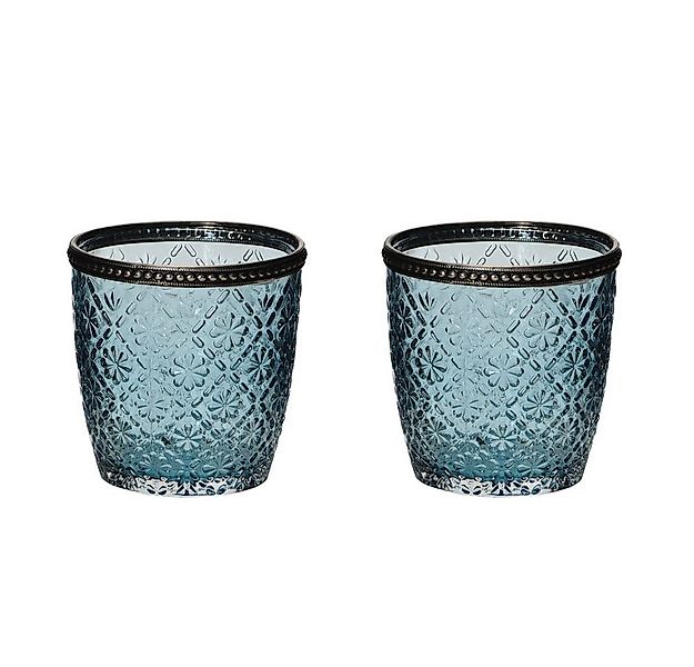 Posiwio Windlicht 2tlg. Windlicht BLÜTE blau aus Reliefglas mit Metallrand günstig online kaufen