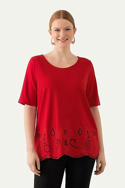 Ulla Popken Rundhalsshirt T-Shirt Stickerei Wellensaum Rundhals Halbarm günstig online kaufen