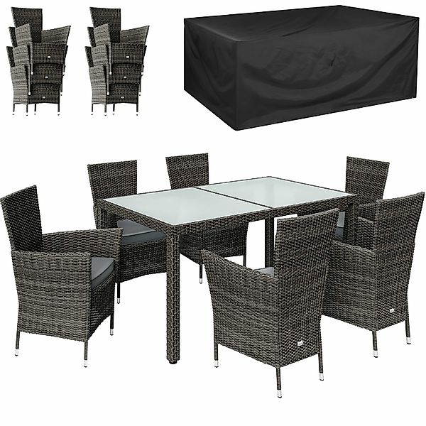 Polyrattan Garten-Sitzgruppe 7-tlg Grau/Anthrazit + Abdeckplane günstig online kaufen