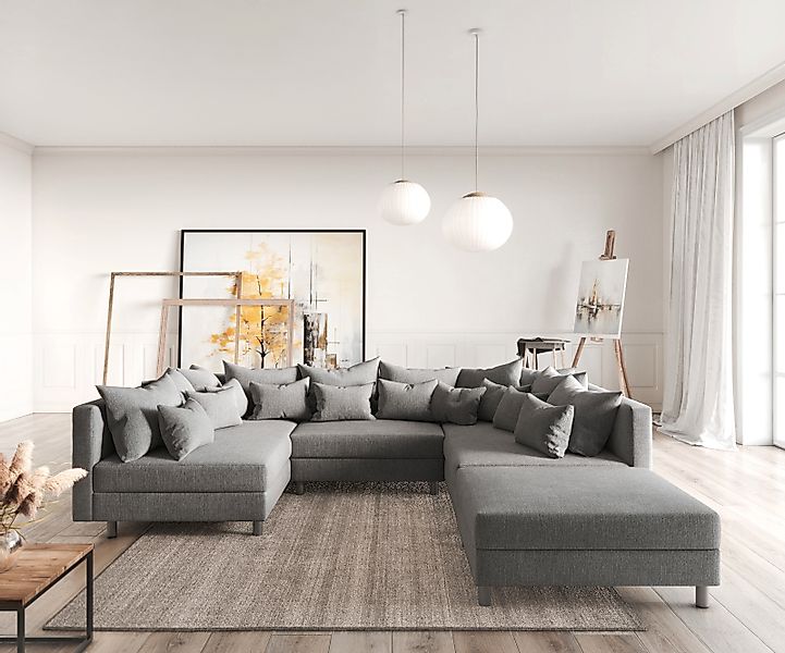 Wohnlandschaft Clovis Grau modular Flachgewebe Hocker günstig online kaufen