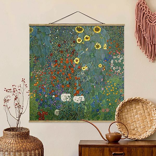Stoffbild Kunstdruck mit Posterleisten - Quadrat Gustav Klimt - Garten Sonn günstig online kaufen