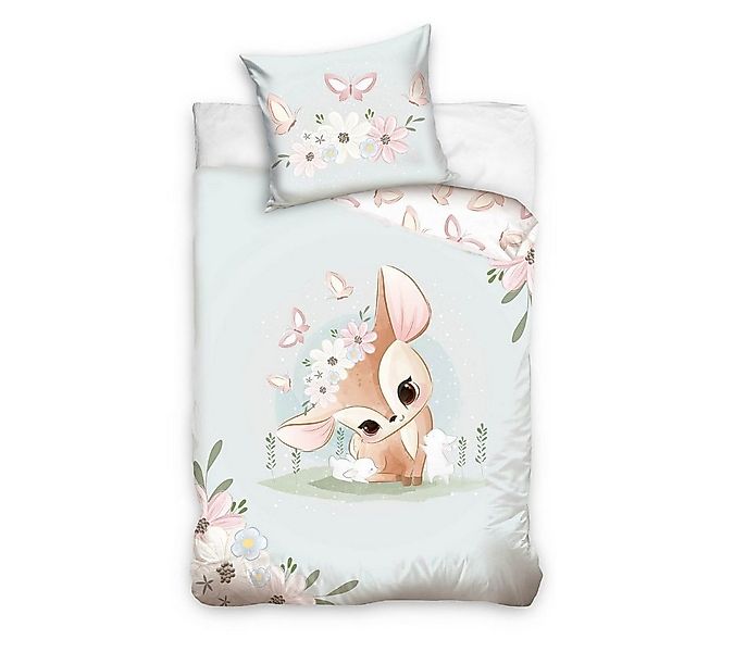 MTOnlinehandel Kinderbettwäsche Blumen Reh, Hase & Schmetterling 135x200 + günstig online kaufen