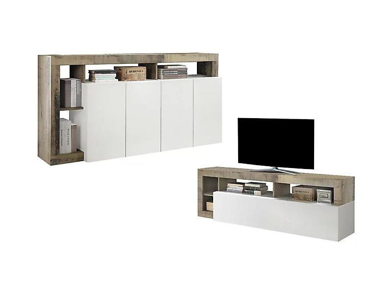 Set Sideboard + TV-Möbel - Weiß lackiert & Eichefarben - SEFRO günstig online kaufen