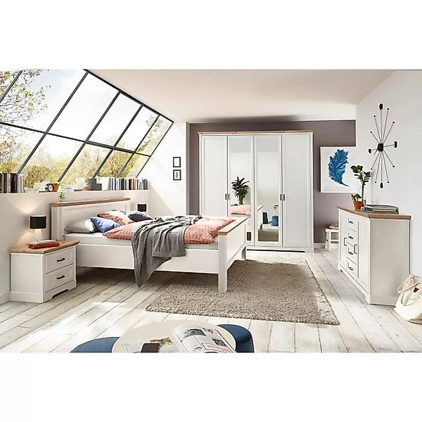 Schlafzimmer Set 5-teilig Bett 160x200cm Pinie weiß mit Eiche JÜLICH-77 günstig online kaufen