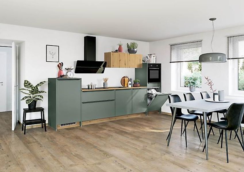 Küchenzeile Dunkelgrün / Eiche mit schwarzen Griffen 320 cm breit günstig online kaufen