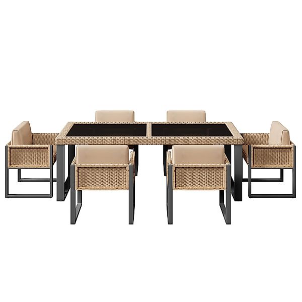 Rattan Tisch- und Stuhlset，mit 1 Tisch und 6 Stühle, Tischplatte aus Gehär günstig online kaufen