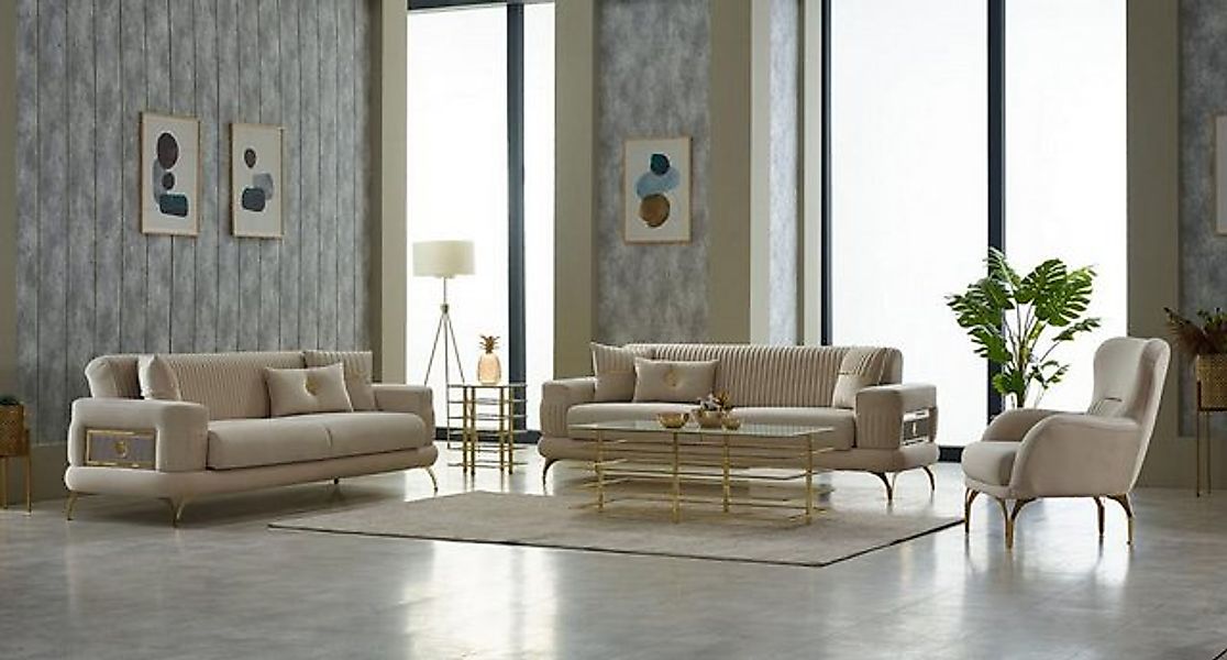 JVmoebel Sofa Sofagarnitur Dreisitzer Sofa Stoffsofa Polstersofa Beige Sess günstig online kaufen