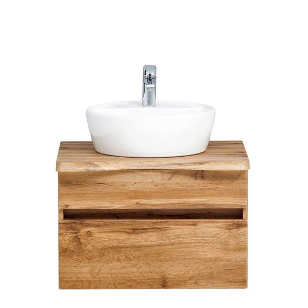 Landhaus Waschtisch mit Aufsatzbecken Platte in Baumkanten Optik Wildeiche günstig online kaufen