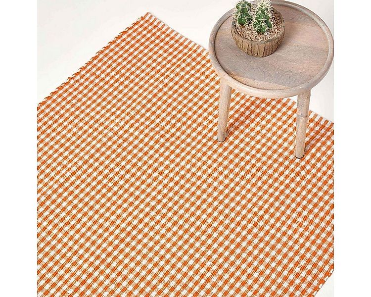 Homescapes Teppich Webteppich orange-weiß kariert – Baumwollteppich Vichy-K günstig online kaufen