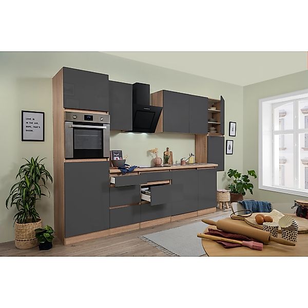 Respekta Küchenzeile GLRP330HESG Grifflos 330 cm Grau Hochglanz-Sonoma Eich günstig online kaufen