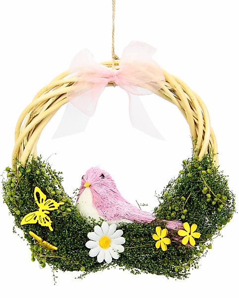 Kunstkranz Mit Blüten, Vogel und Schleife, I.GE.A., Höhe 20 cm, aus Rattan, günstig online kaufen