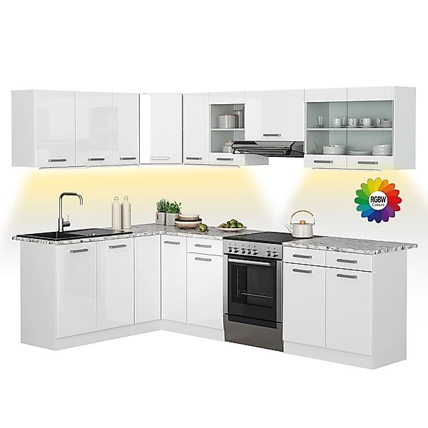 Vicco Rick Eckküche Weiß/Weiß Hochglanz 267 x 167 cm AP Marmor mit LED-Leis günstig online kaufen