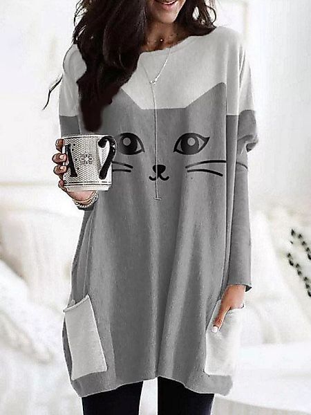 Cutie Katze Print O-Ausschnitt A-Linie Casual Plus Größe Bluse mit Taschen günstig online kaufen
