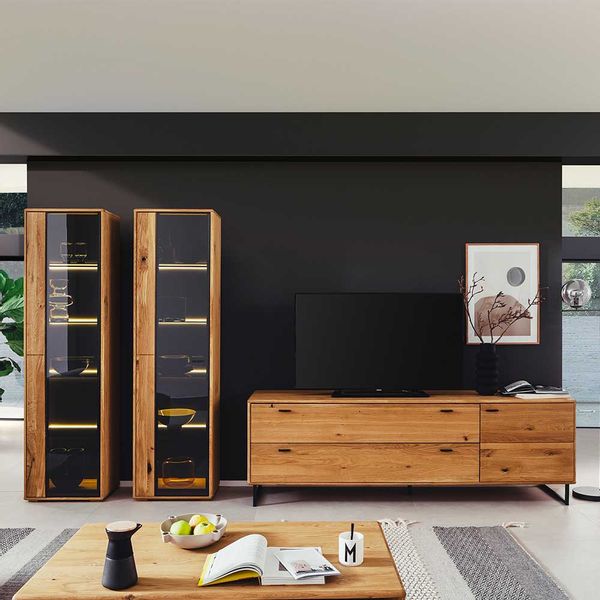 TV Schrankwand in Wildeichefarben und Anthrazit 313 cm breit (dreiteilig) günstig online kaufen