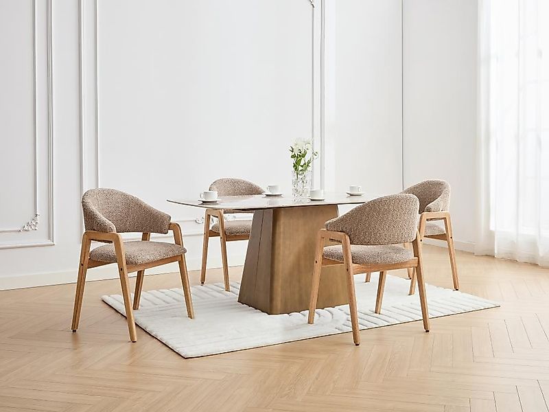 Stuhl mit Armlehnen 6er-Set - Bouclé-Stoff & Kautschukholz - Taupe & Holzfa günstig online kaufen