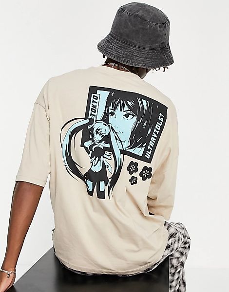ASOS DESIGN – Oversized-T-Shirt in Beige mit Anime-Print-Neutral günstig online kaufen