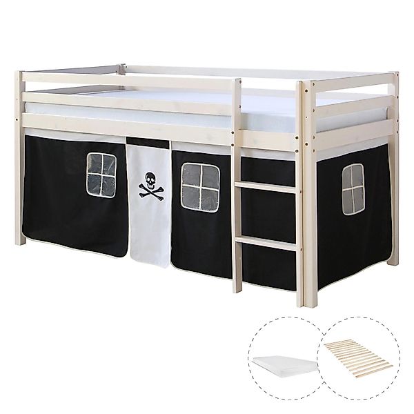 Homestyle4u Hochbett 90x200 mit Vorhang Lattenrost Matratze in Weiß Pirat 2 günstig online kaufen