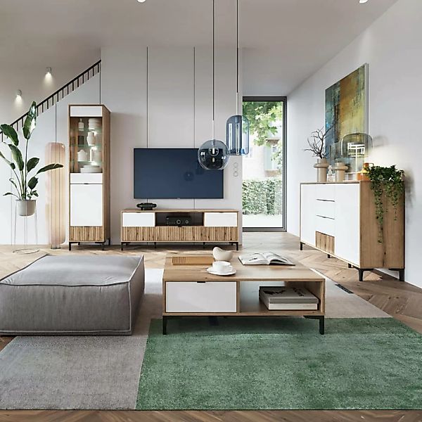 Wohnwand Set Eiche mit weiß und Rillen Design modern RISBY-129 4-teilig mit günstig online kaufen