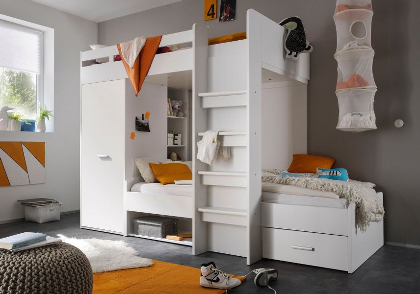 Begabino Hochbett "MAXI" mit 2 Liegeflächen, Kleiderschrank und Regalen günstig online kaufen